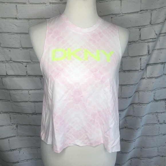 DKNY Sport Light Pink & White Tie Dye Tank Top, Neon Yellow Decals, Size XS, NWT